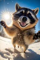 raccoon running through the snow towards the camera. . photo