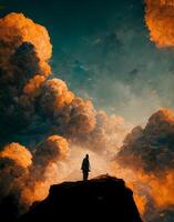 person standing on top of a mountain under a cloudy sky. . photo