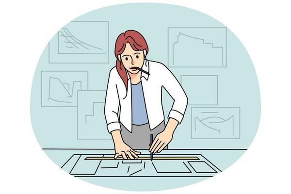 Woman architect draw on paper develop project
