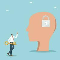 Discover genius thinking in yourself, find the secret key to career growth or personal improvement, develop personal potential for success or new opportunities, man with key near large head with lock. vector