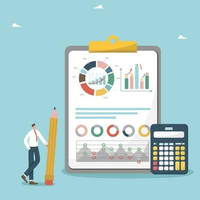 Estimating cost of project or calculating the estimate, budgeting or accounting, analysis of income and expenses, financial planning, investment or innovation, man near a tablet makes calculations.