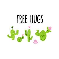 Vector banner. Cute hand drawn cactus print with inspirational funny quote Free Hugs isolated on white. Mexican symbol. Cute phrase with green cactus. Art print doodle summer sign poster label symbol