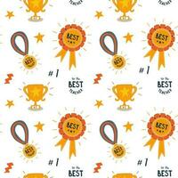 Best teacher award seamless pattern in vector. Cute repeat background for reward professors. Cute cartoon wallpaper for school events, banner, congratulation poster, package design, wrap paper. vector