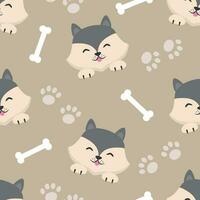 Vector seamless pattern with grey dog heads, paws and bones. Vector print with husky smiling dogs in cartoon style