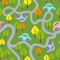 Vector seamless pattern with colourful cars in the road map with autumn forest in cartoon style