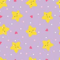 Seamless vector pattern with little stars and pink hearts on purple sky