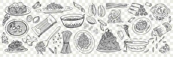 Hand drawn pasta doodles set vector