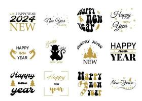 Set of Happy New Year 2024 logo design. Logo text design for New Year 2024 and Christmas. Stickers black 2024 for notebooks, calendars, websites and diaries vector