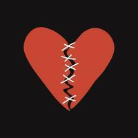 Two halves sewn with white threads. Reconciliation concept. Restore love. Isolated on black background vector