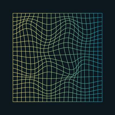 Distorted and warped neon laser grid on dark background. Retrowave, synthwave, rave, vaporwave.Trendy retro 1980s, 90s style