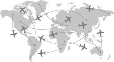 Flight of airplane on world map. Worldwide travel and transportation concept vector