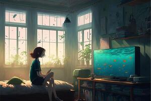 girl sitting on a bed in front of a fish tank. . photo