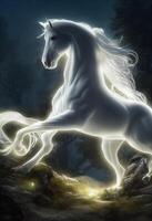 there is a white horse that running in the night. . photo