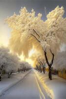 street lined with trees covered in snow. . photo