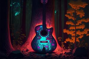 guitar sitting in the middle of a forest. . photo