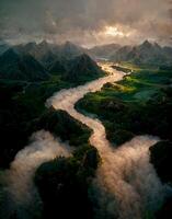 river running through a lush green valley. . photo