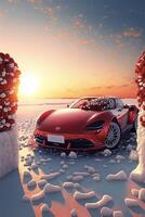 rojo Deportes coche es estacionado en el nieve. generativo ai. foto