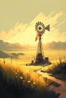 painting of a windmill in a field. . photo