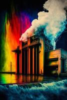 there is a rainbow colored image of factory with fountain. . photo