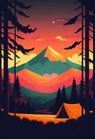 tent in the middle of a forest with mountains in the background. . photo