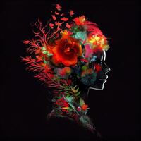 woman with flowers and leaves on her head. . photo