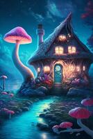 painting of a house with mushrooms growing out of it. . photo