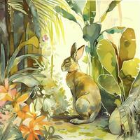 painting of a rabbit sitting in a garden. . photo