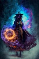 a woman in witch hat and wizard holding magic ball. . photo