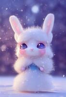 white rabbit sitting on top of a snow covered ground. . photo