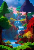 there is a picture of waterfall in colorful forest. . photo