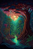 painting of a river running through a forest. . photo