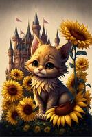 cat sitting in front of a castle surrounded by sunflowers. . photo