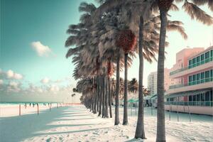 row of palm trees next to a beach. . photo