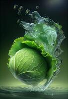 there is a green cabbage with water splashing on it. . photo