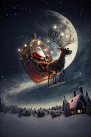 santa claus flying in a sleigh with a reindeer. . photo