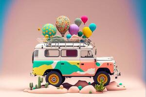 van with a bunch of balloons on top of it. . photo