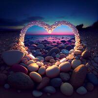 heart made out of rocks on a beach. . photo