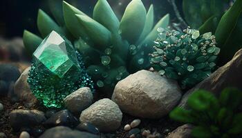 there is a green plant with crystal in it. . photo