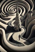 black and white photo of a man walking through a maze. .
