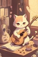 cat sitting on a desk playing a guitar. . photo
