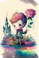 little boy holding a rose in front of a castle. . photo