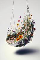 colgando cesta lleno con un montón de flores generativo ai. foto