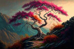 painting of a tree on top of a mountain. . photo
