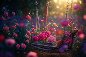 swing filled with lots of pink flowers. . photo