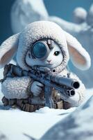 cartoon sheep with a gun in the snow. . photo