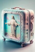 suitcase with a picture of jesus on it. . photo