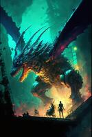 man standing in front of a giant dragon. . photo