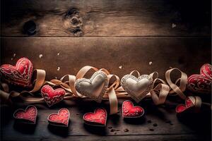 bunch of hearts sitting on top of a wooden table. . photo