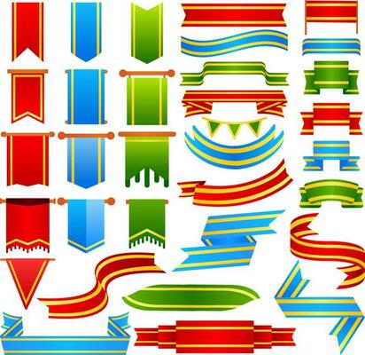 Banner vector illustration set pack. Ribbon, scroll and flag banner with golden stripe for icon, sign and symbol. Banner graphic resources for promotion, offer, advertisement and celebration