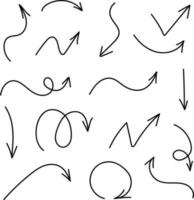 A set of hand-drawn arrows. Black vector elements with arrows drawn by hand. Collection of doodle arrows, lines, symbols, index signs, figures on a white background.